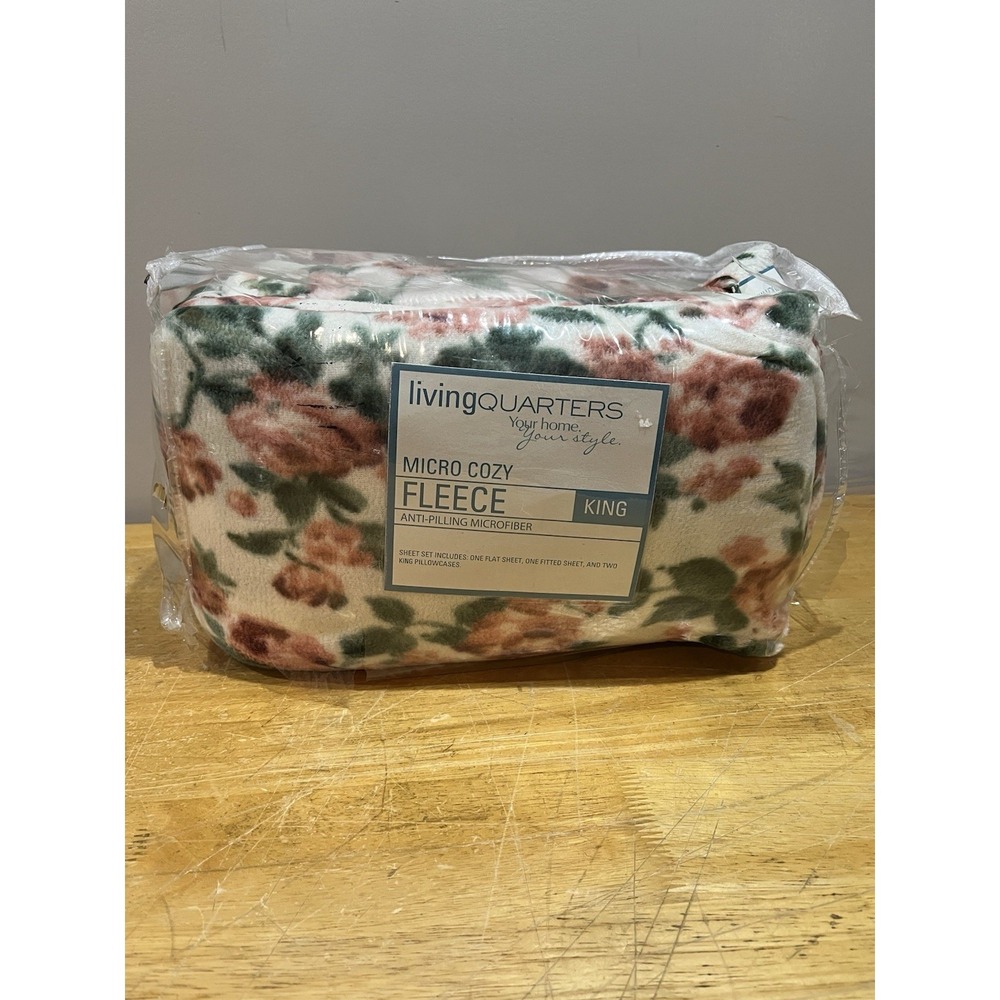Vtg Living Quarters Rose Floral Fleece King‎ Sheet Set Microfiber Cottagecore